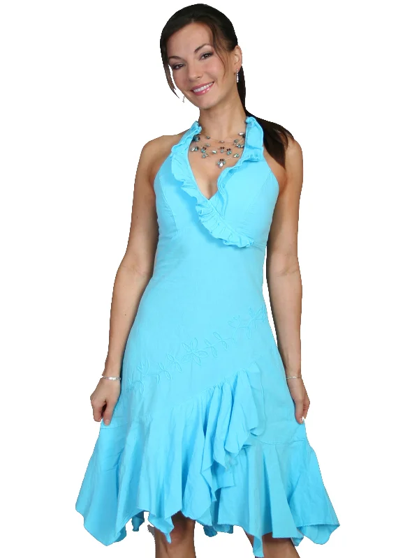 Scully Cantina Collection Halter Dress Turquoise 100% Cotton Ruffled Women's Night-Out Clothes