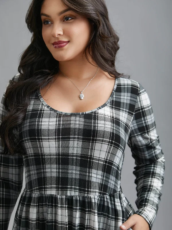 Crew Neck Gingham Pocket Dress Fashionable Tops for Women