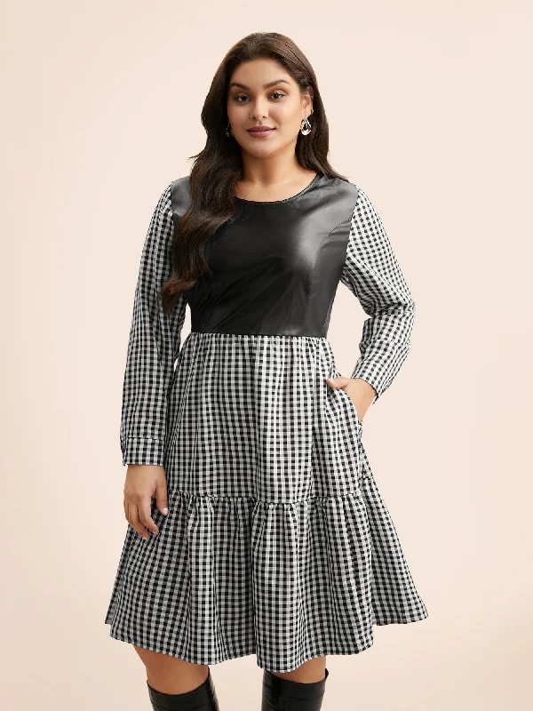 Round Neck Gingham PU Leather Dress Women's Seasonal Garments