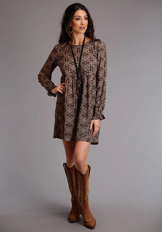 Stetson Womens Brown Rayon/Nylon Paisley Print L/S Dress Stylish Outerwear Clothing For Women