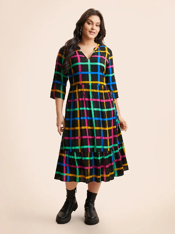 Plaid Notched Ruffle Hem Pocket Dress Business Casual Outfits