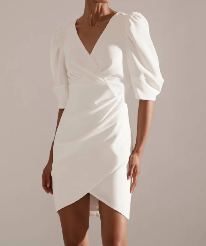 Crepe Wrap Puff Sleeve Dress In Ivory Women's Holiday Attire