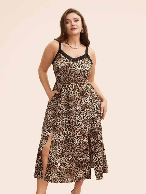 Leopard Print Lace Patchwork Slit Hem Dress Women's Stylish Outerwear