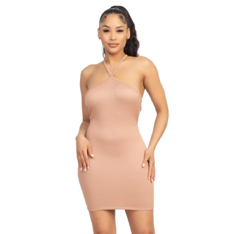 Halter Neck Ribbed Seamless Cut-out Dress Women's Plus-Size Outfit