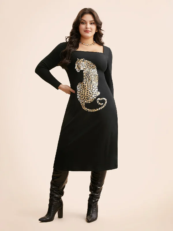 Leopard Print Square Neck Tie Knot Dress Women's Athletic Outfit