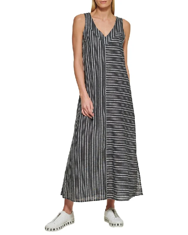 DKNY Striped Double V-Neck Linen Dress Formal Clothing For Women