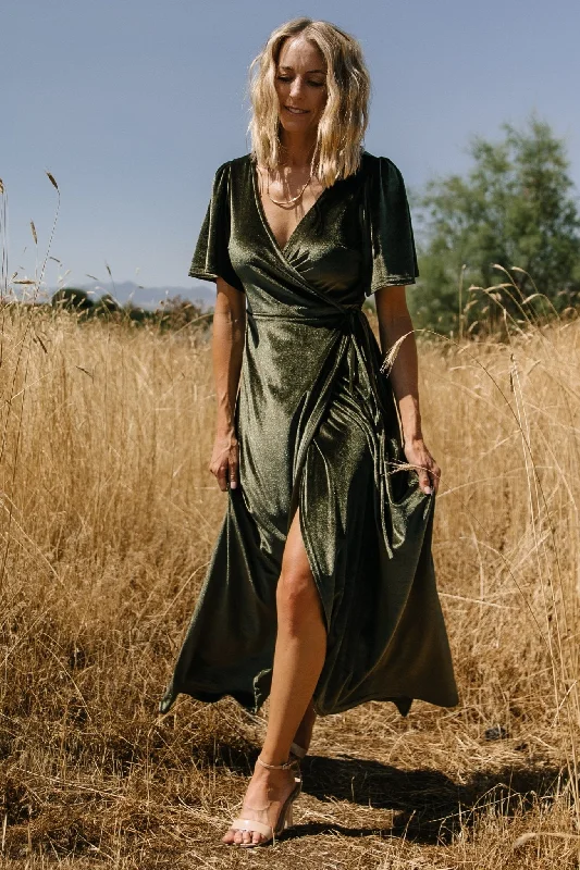 Katelyn Velvet Maxi Wrap Dress | Dark Olive Women's Outerwear Garments