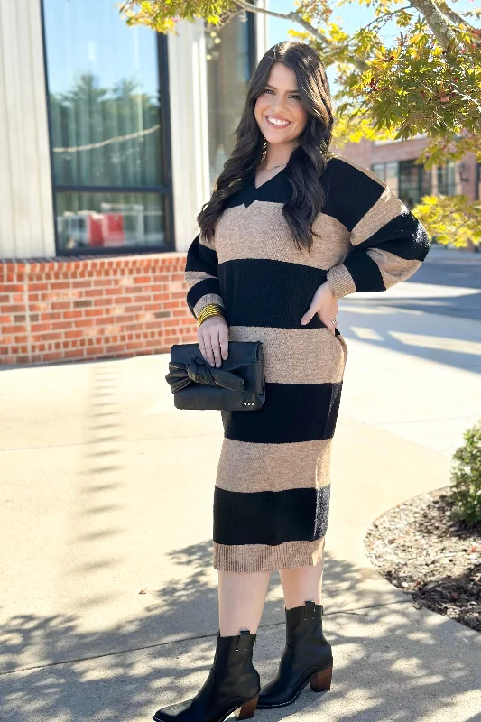 Black and Oatmeal Stripe V-Neck Sweater Dress Women's Plus-Size Outfit