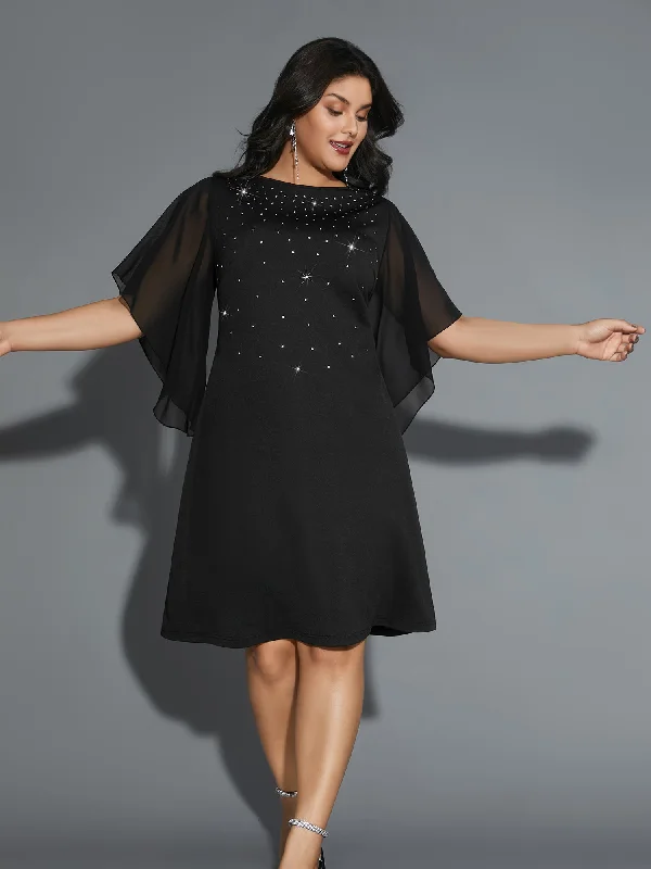 Rhinestone Ruffle Sleeve Mesh Patchwork Dress Flash Sale Or Flash Sales