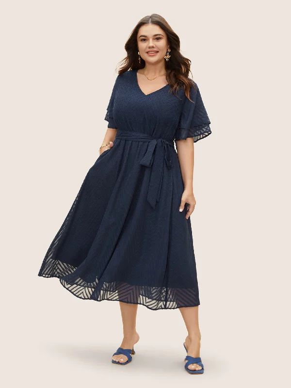 Texture Tiered Ruffle Sleeve See Through Dress Chic Women's Outfit Ideas