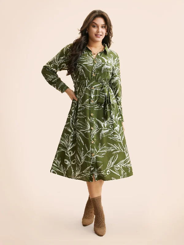 Shirt Collar Plants Print Belted Dress Women's Clothes