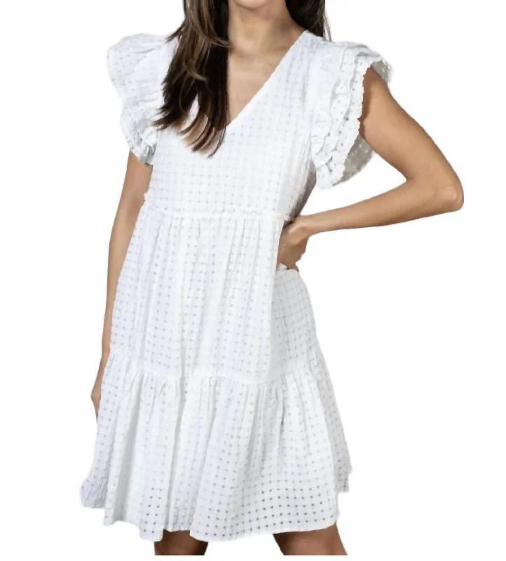 Gingham Flutter Sleeve Dress In White Women's Formal Apparel