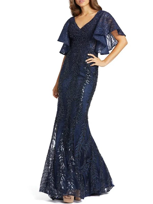 Womens Embellished Flutter Sleeve Evening Dress Holiday Gift Guide Sale