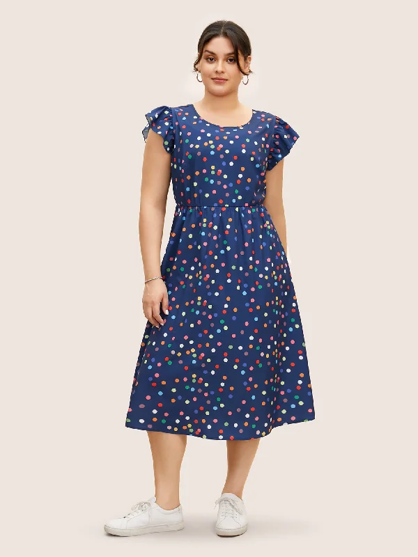 Colored Polka Dot Tie Knot Ruffle Cap Sleeve Dress Women's Work Apparel