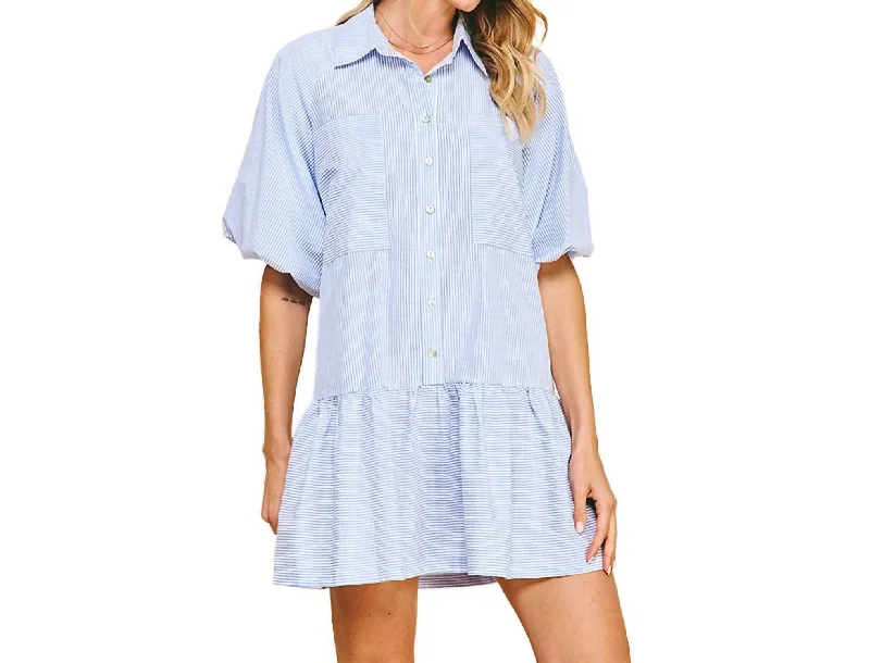 Stripe Button Down Dress In Blue Women's Clothing Sets