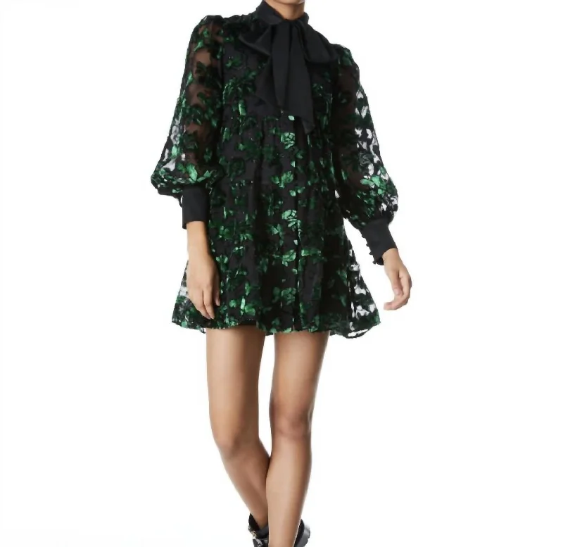 Rowen Bow Neck Blouson Sleeve Dress in Black/Emerald Stylish Clothes For Women