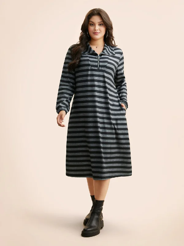 Striped Half Zip Pocket Dress Women's Professional Attire