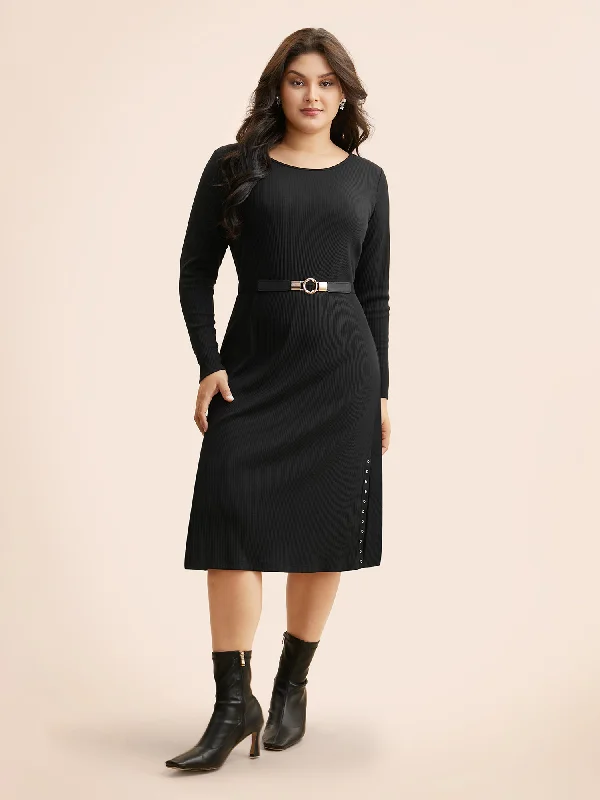 Crew Neck Eyelet Split Hem Dress Women's Trendy Attire