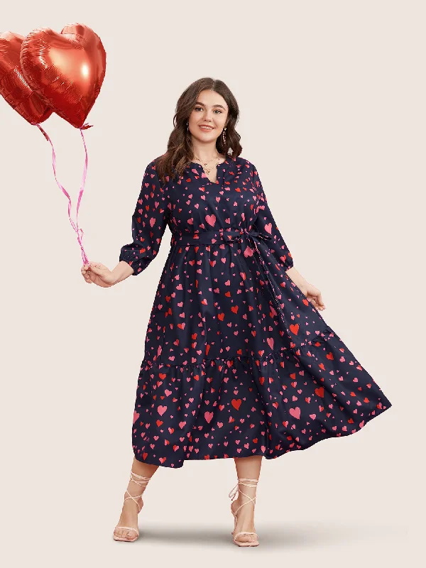 Heart Print V Neck Pocket Belted Lantern Sleeve Ruffles Dress Women's Evening Attire