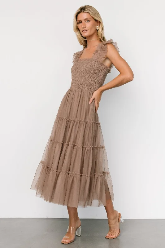 Emma Smocked Tulle Dress | Taupe Women's Stylish Outdoor Outfit