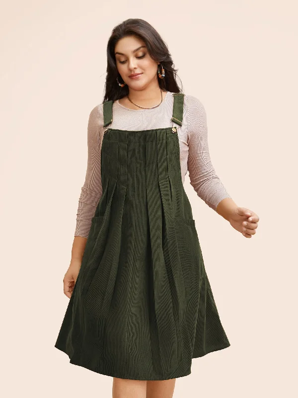 Solid Corduroy Pleated Overall Dress Women's Elegant Evening Outfit