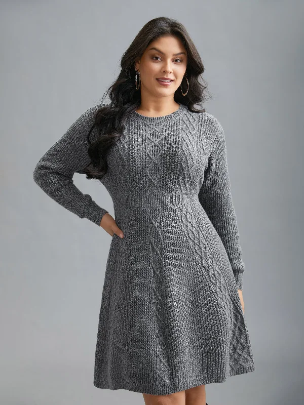 Cable Knit Ribbed Waist Cinched Midi Sweater Dress Women's Clothing Brands