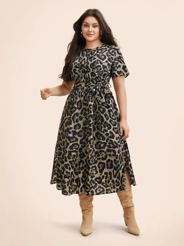 Leopard Print Slit Hem Belted Dress Clothes Sales