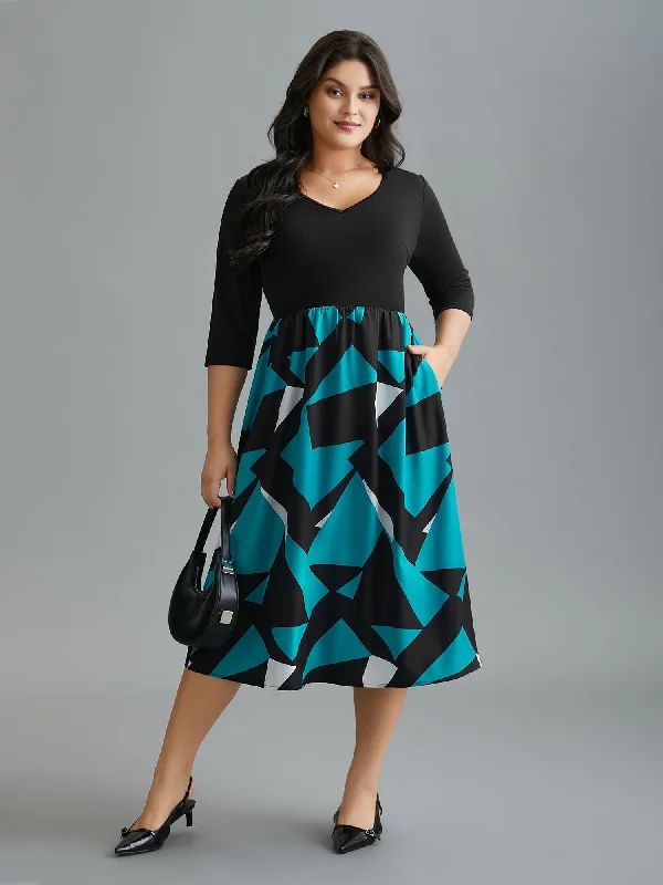 V-Neck Geometric Color Contrast Dress Flash Discount