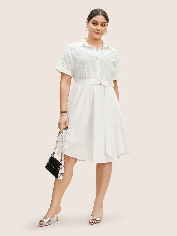 Broderie Anglaise Shirt Collar Belted Dress Chic Women's Garments