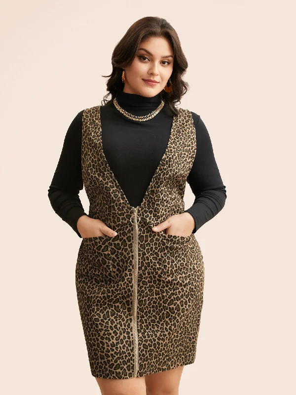 Leopard Print O Ring Zipper Dress Stylish Loungewear for Women