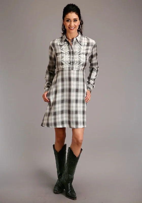 Stetson Womens Smokey Grey Rayon/Nylon Ombre Plaid L/S Dress Women's Clothes For Special Occasions