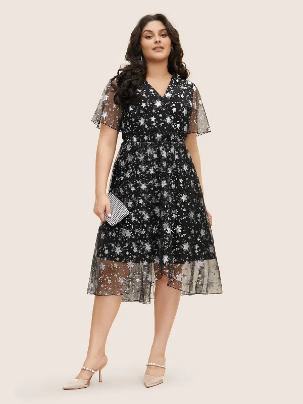 Glitter Star Mesh Patchwork Ruffle Sleeve Dress Charming Women's Holiday Apparel