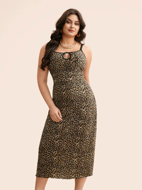 Leopard Print Tie Knot Slim Fit Dress Formal Outfit For Women