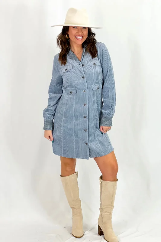 Denim Blue Corduroy Button Up Dress Trendy Women's Apparel