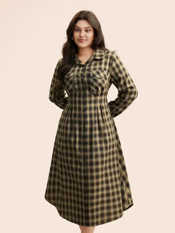 Plaid Pleated Flap Pocket Arc Hem Dress Vintage-Inspired Garments