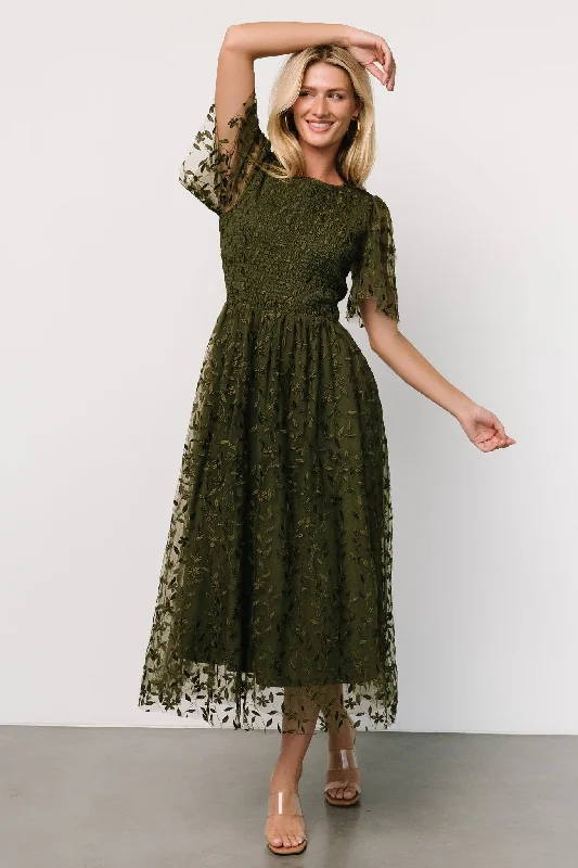 Kendra Embroidered Dress | Olive Women's Vintage Attire