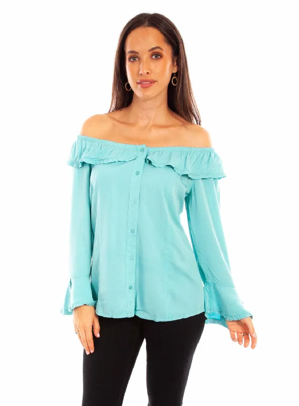 Scully Womens Turquoise Rayon Drapey Ruffle L/S Dress Big Sale Event