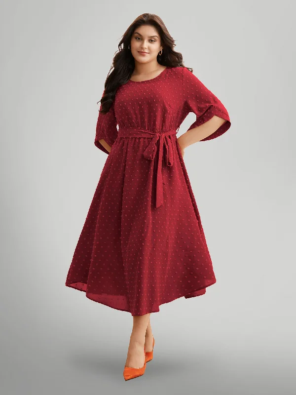 Textured Bell Sleeve Belted Arc Hem Dress Casual Fashion Trends for Women