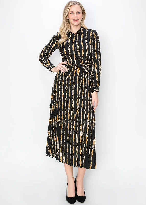 Black & Gold Pleated Dress with Belt Stylish Women's Outerwear Apparel