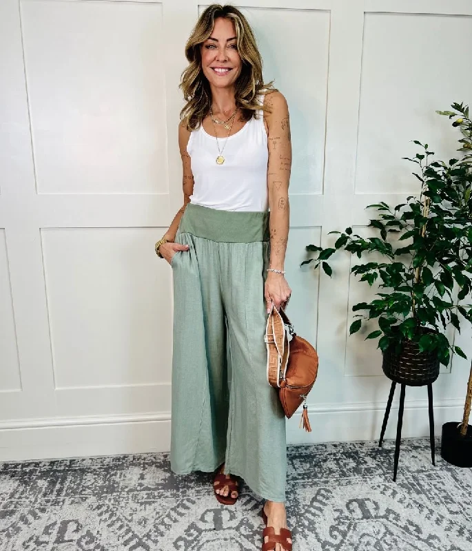 Khaki Linen Blend Wide Leg Trousers Sporty Streetwear