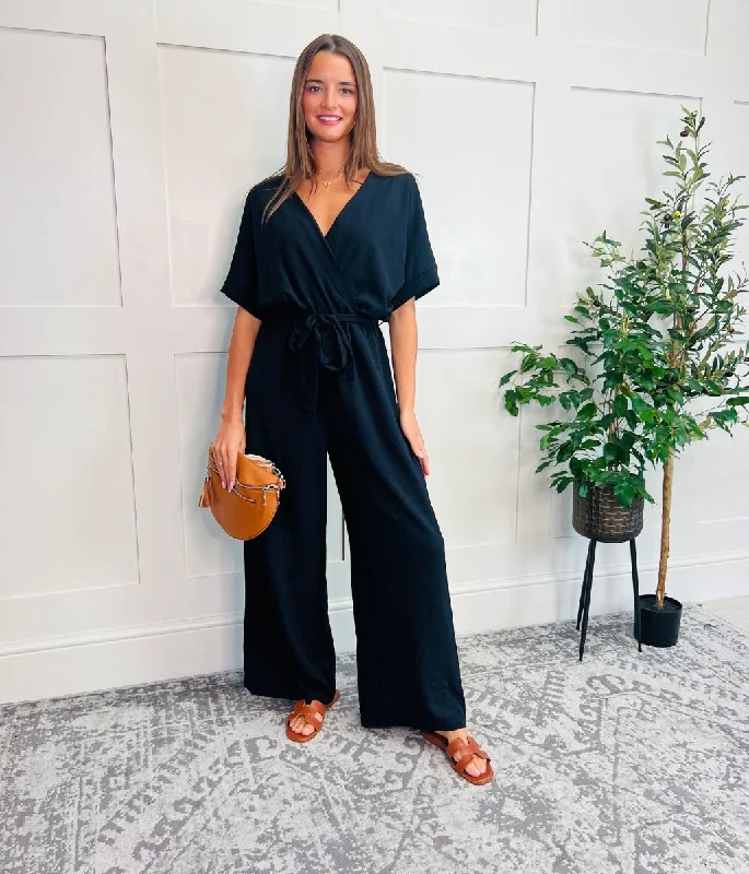 Black Wide Leg Wrap Jumpsuit Women's Clothing For Outdoor Events