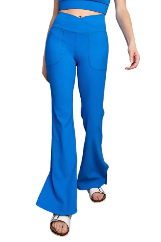 Nylon Rib V Waist Crossover Flared Leggings In Electric Blue Stylish Loungewear for Women