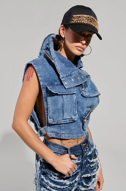 MODEL BEHAVIOR MEDIUM BLUE DENIM TOP Women's Vacation Clothes