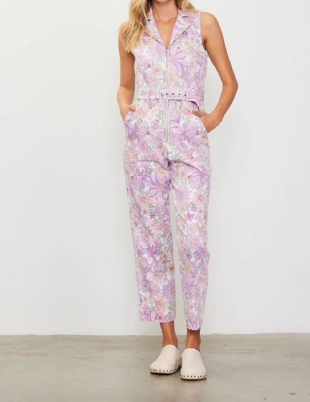 Retro Floral Belted Zip Jumpsuit In Lavender High-Fashion Women's Clothing