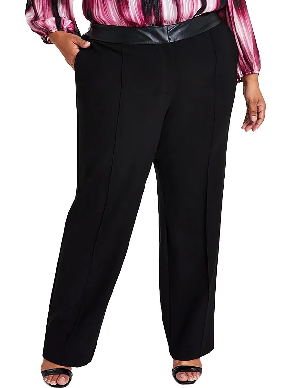 Plus Womens Faux Leather Trim High Rise Wide Leg Pants Women's Evening Wear for Special Occasions