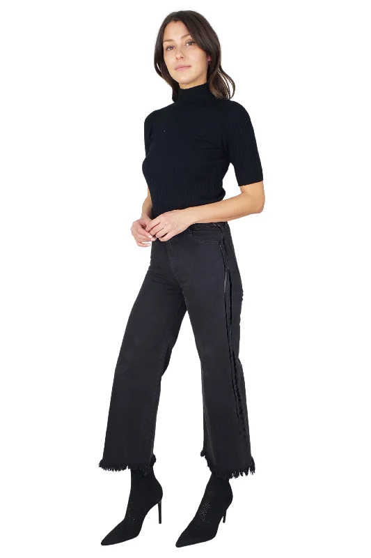 High Rise Straight Pants With Fray Hem And Side Track Summer Sale