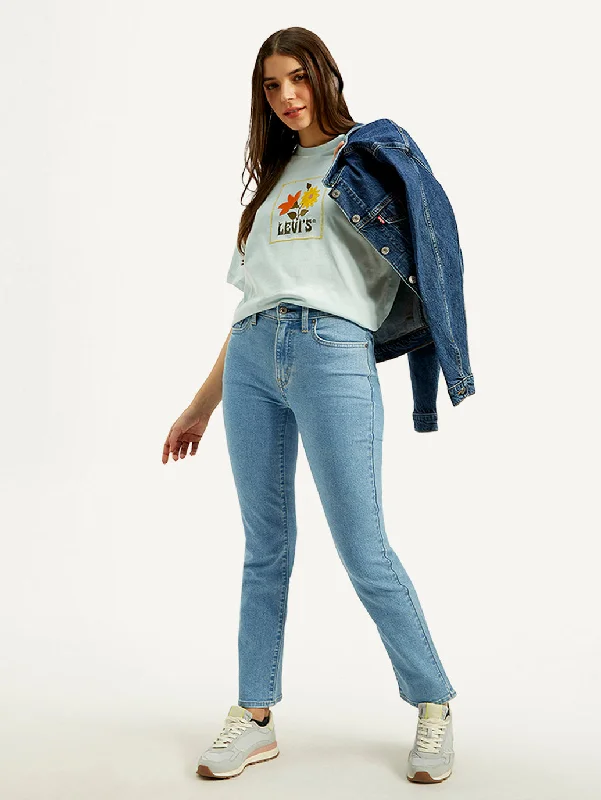 Women's High Rise Straight Fit Light-blue Jeans Women's High Street Fashion