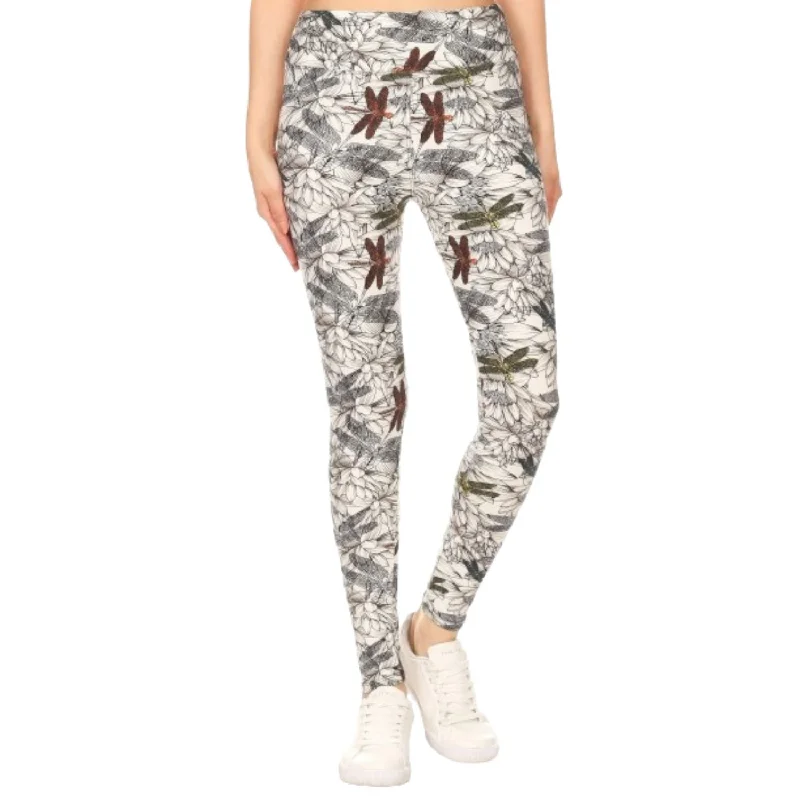 Yoga Style Banded Lined Dragonfly Print, Full Length Leggings In A Slim Fitting Style With A Banded High Waist Clothing For Women