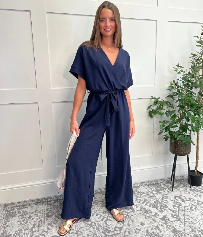 Navy Wide Leg Wrap Jumpsuit Women's Holiday Clothing