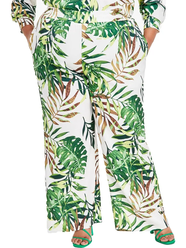 Plus Womens Tropical Print Pull On Wide Leg Pants Chic Women's Clothing for Work and Travel